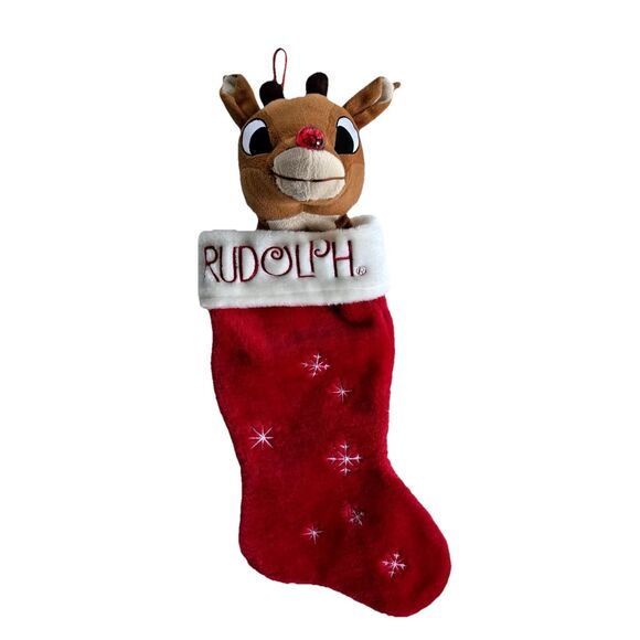 Vtg 90s Rudolph the Red Nose Reindeer Plush Christmas Stocking Red Shiny Nose 3D - Picture 2 of 7